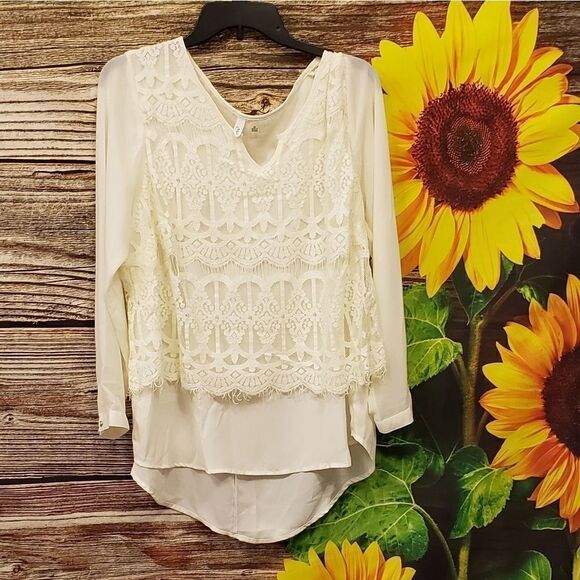 NY Collection long sleeve cream lacy top Pre-owned - Picture 1 of 8